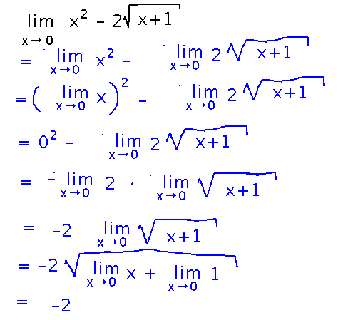 Using limit laws to find limit as x approaches 0 of x^2 - 2sqrt(x+1) is -2