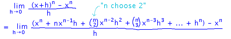 (x+h)^n expands to sum of terms involving binomial coefficients, decreasing powers of x, and increasing powers of h