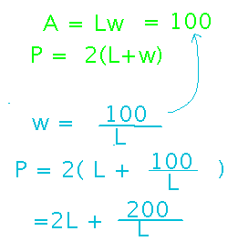 Area is length times width implies width is area (100) over length