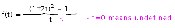 ((1+2t)^2 - 1)/t, t = 0 means expression undefined