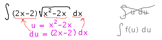 Substitution u equals x squared minus 2 x so d u equals 2 x minus 2