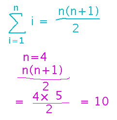 Sum of n integers is n times n plus 1 all over 2, which equals 10 if n is 4