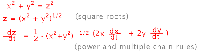 Derivative of square root of x squared plus y squared uses chain rule several times
