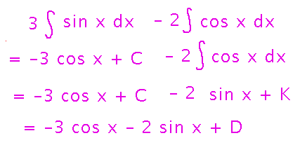 3 times integral of sine x minus 2 times integral of cosine x is -3 cosine x minus 2 sine x plus a constant