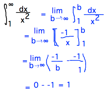 Integral from 1 to infinity dx/x^2 = limit as b approaches infinity of integral from 1 to b = 1