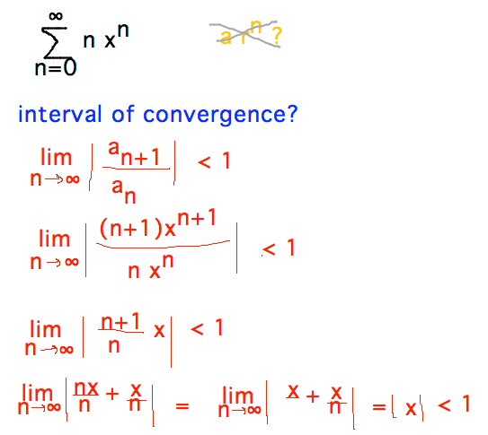 Use ratio test to solve for x that makes series converge