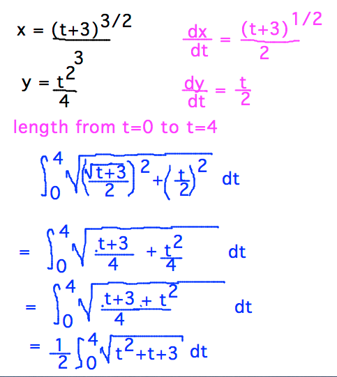 Length from 0 to 4 of x=(t+3)^(3/2)/3, y = t^2/4 is integral from 0 to 4 of sqrt( (t+3)/4 + t^2/4 )