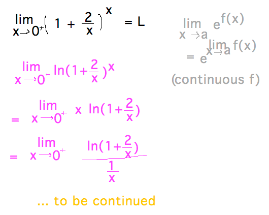 Use limit of logarithm to find lim (1+2/x)^x