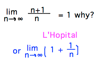 Limit as n approaches infinity of (n+1)/n = 1 either by LHopital or by (n+1)/n = (1 + 1/n)