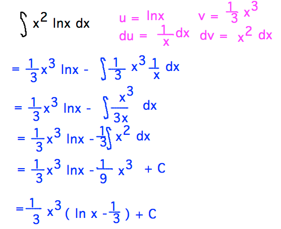 Pick u=lnx, dv=dx/x, integral x^2 lnx = x^3 lnx/3 - 1/3 integral x^2