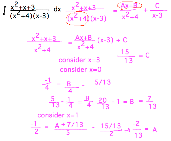 x^2+x+3 / (x^2+4)(x-3) = (Ax+B)/(x^2+4) + C/(x-3) w/ A = -2/13, B = 7/13, C = 15/13