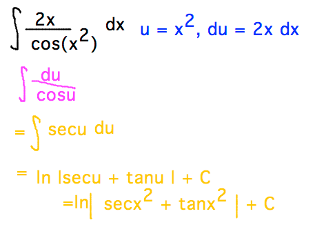Substitution u = x^2 turns integral of 2x / cos(x^2) into integral of secu