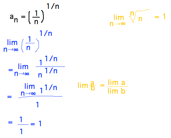 (1/n)^(1/n) converges to 1 via algebra, Theorem 5, and quotient rule