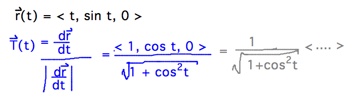 T = dr/dt / |dr/dt| = <1,cos t> / sqrt(1+cos^2t)