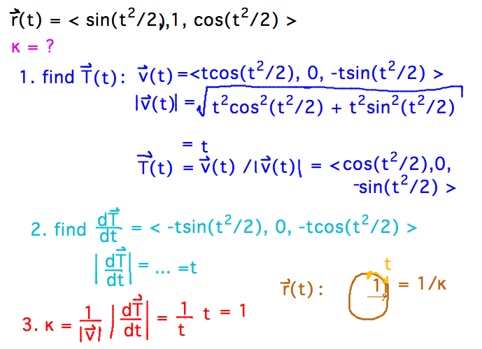 Find T = (cos(t^2/2),0,-sin(t^2/2)); find |dT/dt| = t; k = (1/|v|)|dT/dt| = 1