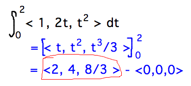Integral from 0 to 2 of <1,2t,t^2> = <2,4,8/3>