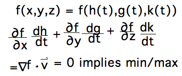 Derivative of f(x,y,z) = grad(f) dot v = 0 implies extreme value