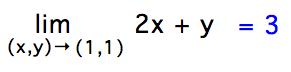 limit as (x,y) approach (1,1) of 2x + y = 3