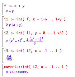 One int command for each integral in problem; last one optionally numeric::int