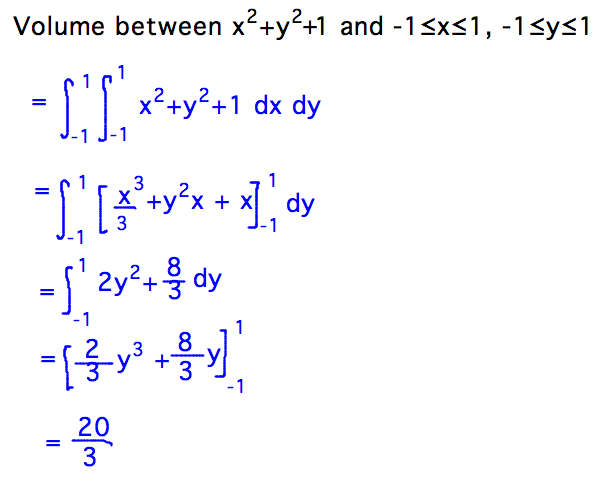 Volume = integral of x^2+y^2+1 with x and y both ranging from -1 to 1 = 20/3