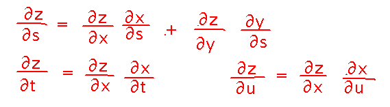 Derivatives of z wrt s, t, and u as sums (sometimes with just 1 term) of products of derivatives
