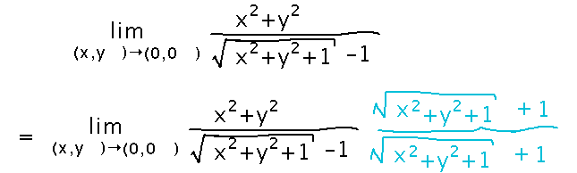 Multiply fraction with sqrt(x^2+y^2+1)-1 in denominator by sqrt(x^2+y^2+1)+1 over itself to remove square root