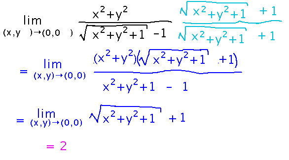 After multiplying by conjugate, denominator cancels away and limit equals 2