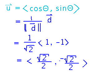 Direction vector (1,-1) has unit vector (sqrt(2)/2, -sqrt(2)/2)