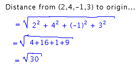 Distance formula with 4 terms: sqrt(2^2+4^2+(-1)^2+3^2) = sqrt(30)