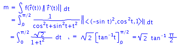 Integrating 1/(cos^2(t)+sin^2(t)+t^2) times magnitude of ((-sin t)^2, cos^2(t), 1)