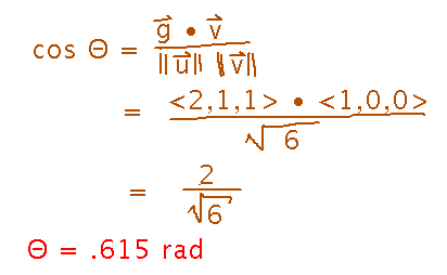 g dot (1,0,0) / magnitude of g times magnitude of (1,0,0) = 2 / sqrt(6)