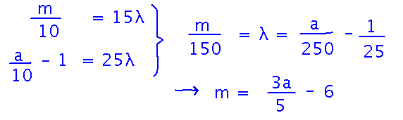 m/10 = 15 lambda and a/10 - 1 = 25 lambda means m = 3a/5 - 6