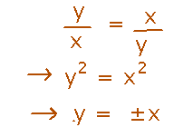 y/x = x/y implies y^2 = x^2 which implies y = +/- x