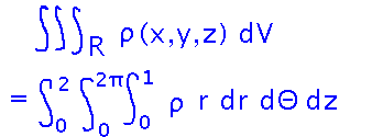 Integrate z from 0 to 2, Theta from 0 to 2 pi, r from 0 to 1