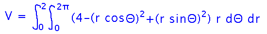 Integral from r=0 to 2 of integral from Theta=0 to 2 pi of r(4-(rcos(Theta))^2+(rsin(Theta))^2)