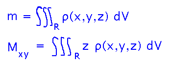 Mass is the integral of density over the volume; moment is integral of position times density