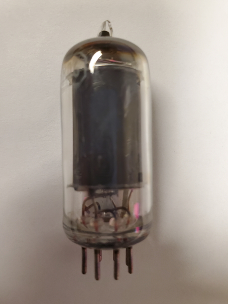 Glass tube with metal shell inside. Top is rounded over, bottom has wires sticking out
