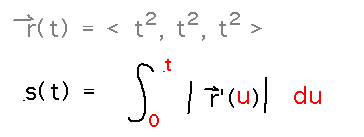 r(t) = <t^2,t^2,t^2>, s(t) = integral from 0 to t of magnitude of r'(u)