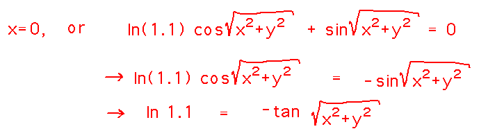 Partial derivative is 0 if x is 0 or -tan(sqrt(x^2+y^2)) = ln(1.1)