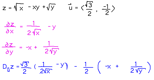 dz/dx = 1/2sqrt(x) - y, dz/dy = 1/2sqrt(y) - x; directional derivative = sqrt(3)/2 dz/dx - 1/2 dz/dy 
