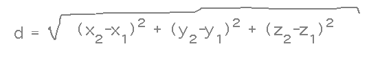 d = sqrt( (x_2-x_1)^2 + (y_2-y_1)^2 + (z_2-z_1)^2 )