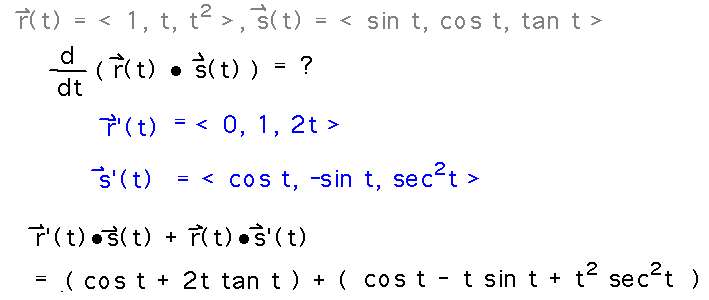 Derivative of r(t) dot s(t) is r'(t) dot s(t) + r(t) dot s'(t)