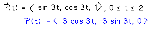 derivative of < sin(3t), cos(3t), 1 > = < 3cos(3t), -3sin(3t), 0 >