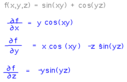 Derivatives of sin(xy) + cos(yz) are y cos(xy), x cos(xy) - z sin(yz), -y sin(yz)