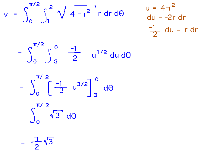 Dome equation becomes sqrt(4-r^2), integrating over angles between 0 and pi/2 and radii between 1 and 2 yields pi/2 times sqrt(3)