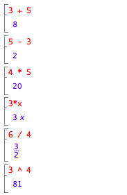 muPad '3+5', '5-3', '4*5', '3*x', '6/4', '3^4'