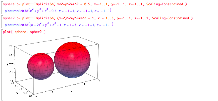 sphere := plot::Implicit3d(...) then spher2 := plot::Implicit3d(...) then plot( sphere, spher2 )