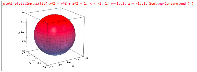 muPad 'plot( plot::Implicit3d( x^2+y^2+z^2=1, x=-1..1, y=-1..1, z=-1..1, Scaling=Constrained ))'