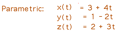 x(t) = 3+4t, y(t) = 1-2t, z(t) = 2+3t
