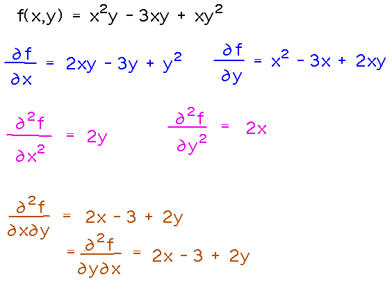 Second derivative wrt x = 2y; wrt y = 2x; wrt x then y and y then x = 2x-3+2y